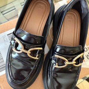 Zara Shiny Black Loafers with Gold Accent